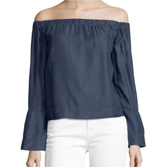 7 for all mankind Off the Shoulder Bell Cuff Sleeve Dark Chambray Top S - Picture 1 of 10